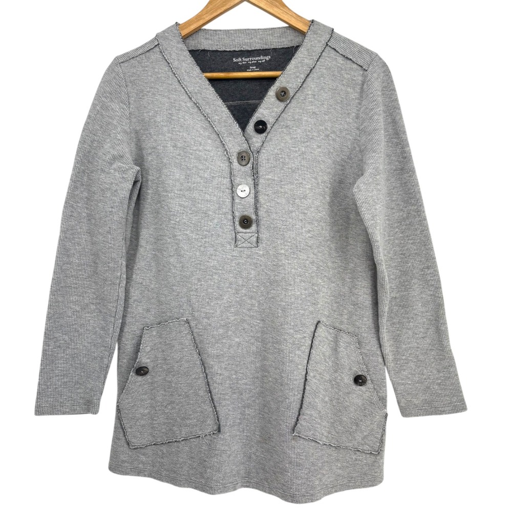 Soft Surroundings Downtime Thermal Button V-Neck Tunic Top Grey Size‎ Small